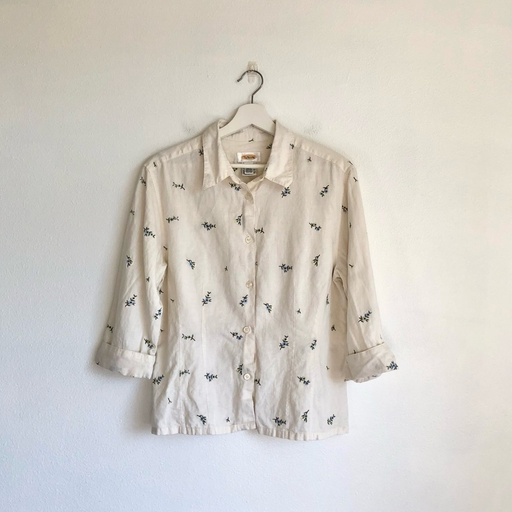 Talbots Vintage White / Blue Floral Linen Cotton Button Up Shirt Size Large